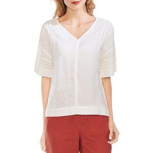 Cream Linen Crochet-Trim Elbow Sleeve Pullover Vince Camuto Blouse Top